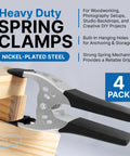 Heavy Duty 6 Inch Spring Clamps 4 Pack, Large 3 Inch Jaw Opening, Black Metal Clips for Woodworking and Carpentry, displayed on wood.