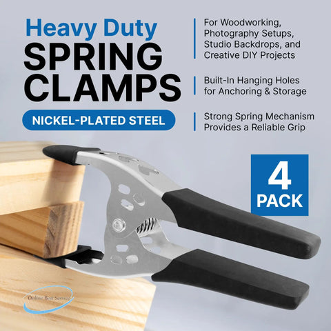 Heavy Duty 6 Inch Spring Clamps 4 Pack, Large 3 Inch Jaw Opening, Black Metal Clips for Woodworking and Carpentry, displayed on wood.