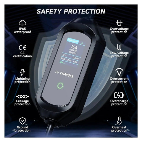 Rugged Portable 3.5KW EV Charger Type 1 To Type 2 Electric Vehicle Fast Charge Cable with display showing safety features.