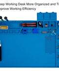 Blue Magnetic Soldering Work Mat Pro Grade Large Heat Resistant Silicone Repair Pad Up To 932F with tools on mat