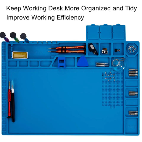 Blue Magnetic Soldering Work Mat Pro Grade Large Heat Resistant Silicone Repair Pad Up To 932F with tools on mat