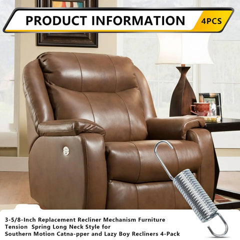 Heavy Duty Three Five Eighth Inch Recliner Tension Springs Four Pack With Slick Deflecting Hooks on brown recliner with side lever.
