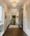 Lit Gold Crystal Chandelier Mini Ceiling Light Modern Flush Mount With Raindrop Crystals for hallway installation view