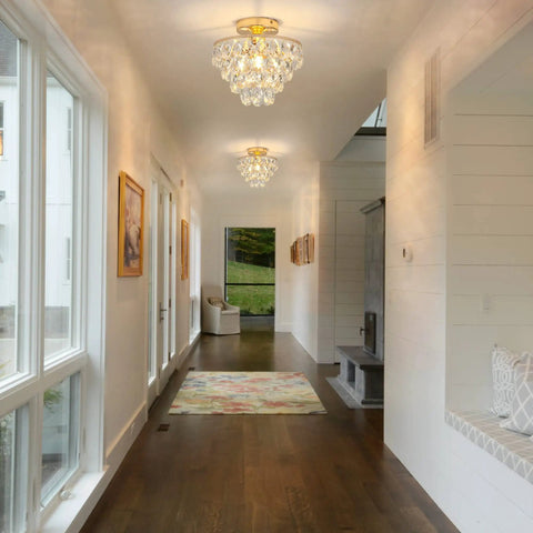 Lit Gold Crystal Chandelier Mini Ceiling Light Modern Flush Mount With Raindrop Crystals for hallway installation view