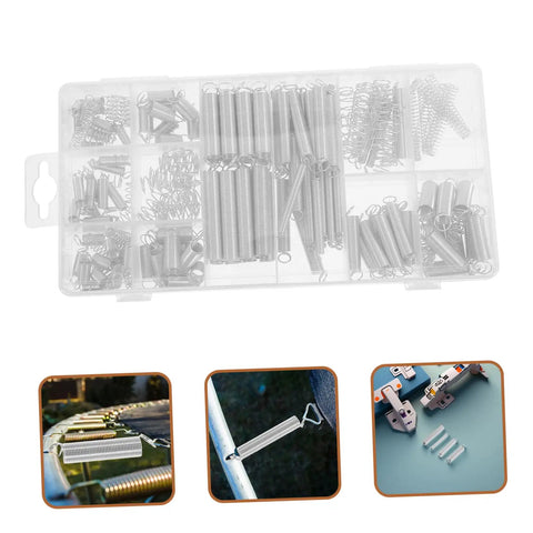 Heavy Duty Compression And Extension Spring Assortment Kit With 200 Pieces For DIY Projects Home Repairs Crafting Versatile Applications Plus Throttle Return Springs clear organizer tray with silver steel springs