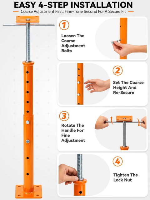 Rock Solid Adjustable House Floor Jacks 4 Pack 19 To 36 Inch Lift Range Heavy Duty Screw Stands installation steps with detailed adjustments.