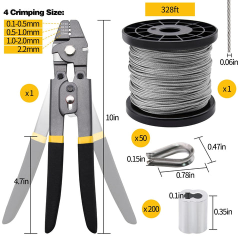 Pro Grade Heavy Duty Wire Rope Crimping Tool Kit With 328 Feet Of One Sixteenth Inch Stainless Steel Cable Aluminum Crimp Sleeves And Stainless Thimbles For Railing Decking And Picture Hanging Projects