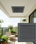 Gray Vertical Ac Return Grille Twenty By Thirty Inch Louvered Vent Cover With Removable Door mounted in a balcony ceiling.