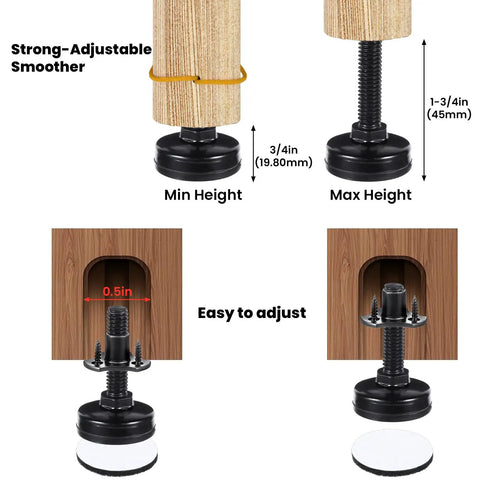 Badass Heavy Duty Furniture Levelers Adjustable Standard Threaded Feet With Steel T Nut Kit, showing height adjustment features.