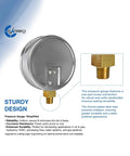 Back view of a 4-inch pressure gauge with chrome-plated steel case and brass lower mount 1/4" NPT.