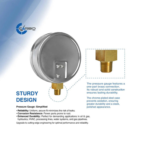 Back view of a 4-inch pressure gauge with chrome-plated steel case and brass lower mount 1/4" NPT.