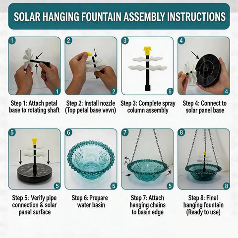 Assembly instructions for Solar Hanging Bird Bath Fountain With Three Layer Cascade, Eco Friendly Solar Powered Bird Bath For Outdoor Yards, Gardens, Patios And Backyards, No Wires, Easy Setup, Blue.