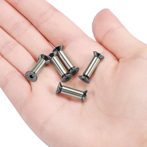 10 Packs M4 Hex Flat Head Screws And Rivets For Knife Handle Fixing Bolts Fasteners Kit For Blade Assembly DIY Knife Making Durable Hardware For Pro And Hobbyists displayed on a hand.