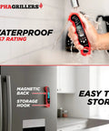 Digital Meat Thermometer Instant Read For Cooking And Grilling With waterproof feature shown in use and stored on fridge