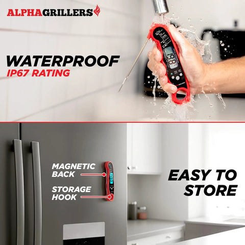 Digital Meat Thermometer Instant Read For Cooking And Grilling With waterproof feature shown in use and stored on fridge
