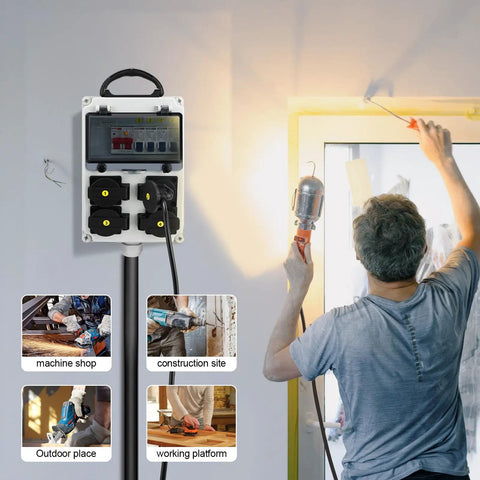 Heavy Duty 110V Power Distribution Box With NEMA 5-20 Outlet, IP54 Weatherproof Electrical Panel installed near a worker painting