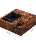 Top Shelf Natural Walnut Espresso Knock Box And Tamp Station, Removable Stainless Steel Grounds Holder, Eight In One Compact Organizer For 58mm Baskets, No Sweat Cleanup For Your Daily Grind Setup, detailed view with measurements.