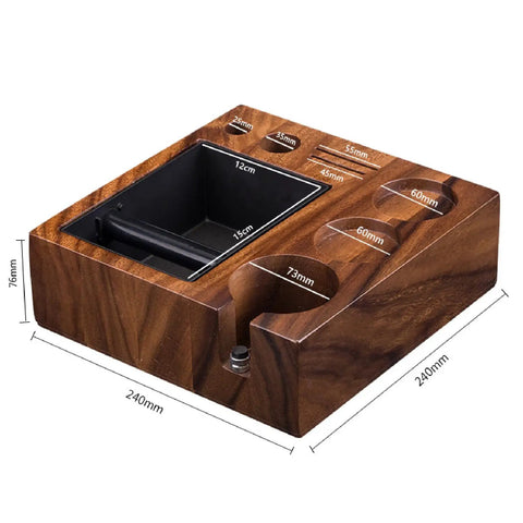 Top Shelf Natural Walnut Espresso Knock Box And Tamp Station, Removable Stainless Steel Grounds Holder, Eight In One Compact Organizer For 58mm Baskets, No Sweat Cleanup For Your Daily Grind Setup, detailed view with measurements.