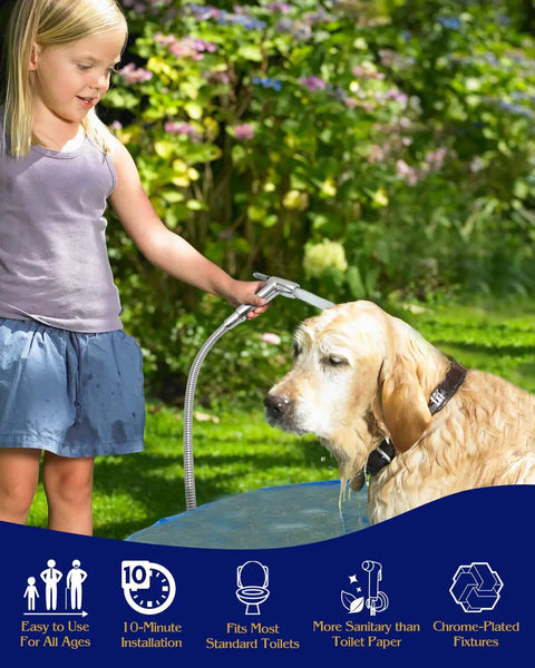 Child using Handheld Toilet Bidet Sprayer With 59 Inch Anti Burst Hose Chrome Finish Flexible Jet Spray For Personal Hygiene on dog