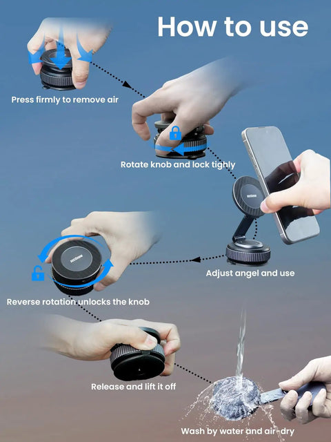 Instructions for MagSafe Car Phone Holder With All Metal Aluminum Alloy Build 360 Degree Rotating Tough As Nails Yet Sleek Ultra Stable Suction Cup And Reusable Gel Dashboard Or Windshield Mount For iPhone 17 Through 12 Pixel Samsung And Android