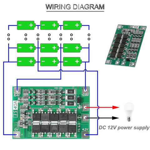 Wiring diagram of Heavy Duty 3S 40A Lithium Battery Protection Board For 18650 Cells showing connections and components.