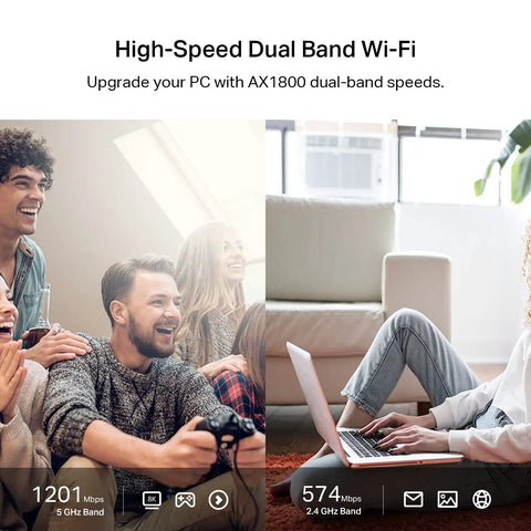 People enjoying gaming and internet browsing with WiFi 6 USB Adapter For Desktop PC Archer TX20U Plus AX1800 Dual Band.