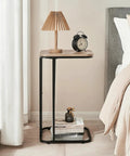 C Shaped End Table For Sofa And Bed, Slim 27 Inch High Side Table That Slides Under Couch, Metal Frame in Greige and Black Finish
