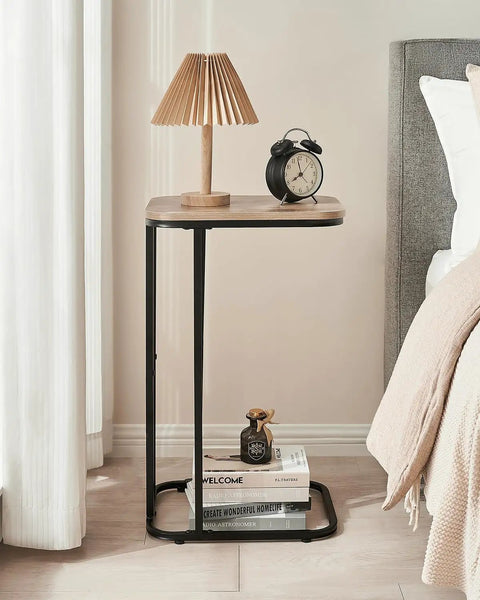 C Shaped End Table For Sofa And Bed, Slim 27 Inch High Side Table That Slides Under Couch, Metal Frame in Greige and Black Finish