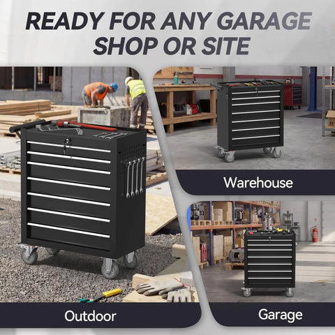 Rolling Tool Chest With Seven Drawers On Wheels, Metal Lockable Tool Storage Cabinet With Swivel Casters And Brakes, Heavy Duty Toolbox For Garage, Workshop, Warehouse Or Repair Shop, Black in garage and warehouse settings