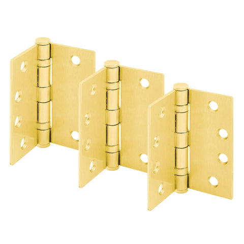 Commercial Door Hinge Pack 4-1/2 Inch Smooth Pivot With Square Corners 2 Ball Bearing Satin Brass Finish Includes Screws Heavy-Duty Gauge Steel Exterior Grade For High-Traffic Offices 3 Pack, three hinges
