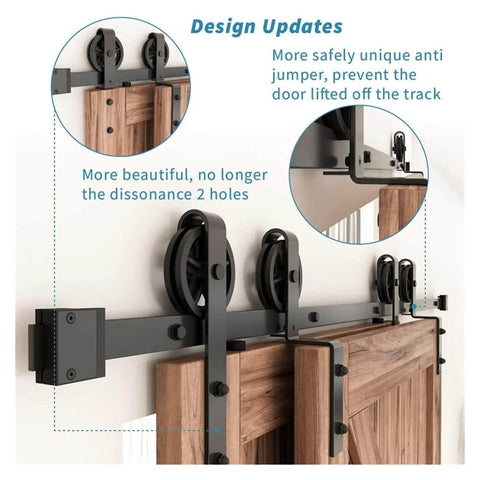 Antique Style Bypass Sliding Wood Barn Door Hardware Kit With Black Top Mounted Tracks And Bearing Rollers For Double Doors