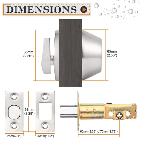 Keyed Alike Single Cylinder Deadbolt Set Brushed Nickel Two Pack dimensions and components overview.