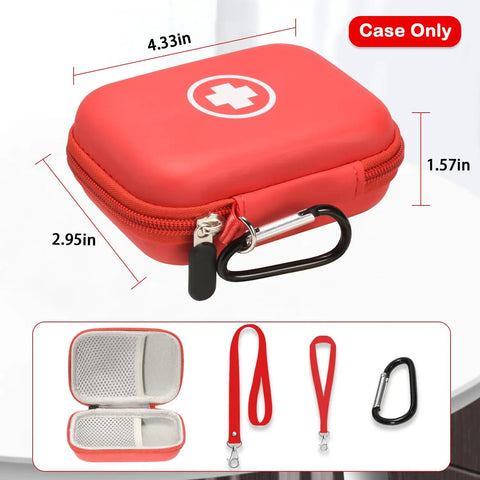 Auvi Q Carrying Case For Two Auto Injectors Emergency Bag With Carabiner And Lanyard, hard travel case shown with dimensions.
