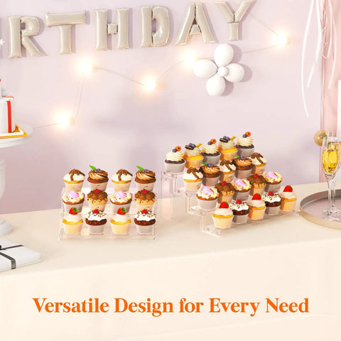 Clear 12 Inch Three Tier Cupcake Stand Display Riser Organizer With Tool Free Assembly on a decorated party table