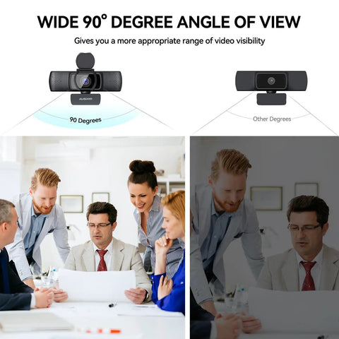 Straight Up Crisp 1080P Full HD Webcam With Dual Echo Busting Mics And 90 Degree Wide Angle View Plug And Play USB Camera in office meeting.