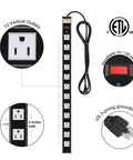 Heavy Duty 12-Outlet Surge Protector Power Strip With 9 Foot Cord 450 Joules 15 Amp Circuit Breaker For Home Office Garage Workshop And Industrial Environments ETL Listed showing outlets and features