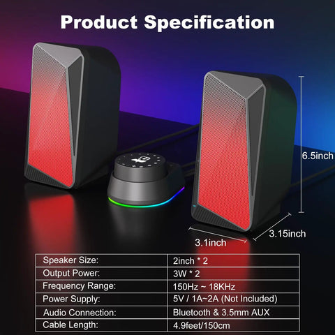 Black Bluetooth computer speakers with USB power and 3.5mm AUX, pulsing LED flame lights, and control pod shown in specifications.