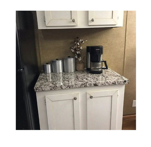 Peel And Stick Waterproof Vinyl Countertop Backsplash Wrap 36x144 In Grey Off White Black Granite Marble Look Laminate Sheet in kitchen