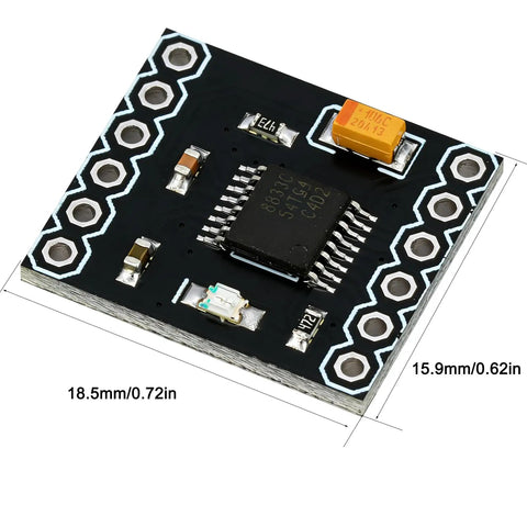Close-up of Dual H Bridge Motor Driver Module DRV8833 for DC Motors, 18.5x16mm board with components visible.