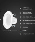 4 Inch Led Recessed Downlight 5Cct Tunable White Dimmable Ceiling Fixture 4 Pack shown with dimensions and key features.