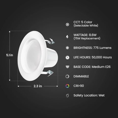 4 Inch Led Recessed Downlight 5Cct Tunable White Dimmable Ceiling Fixture 4 Pack shown with dimensions and key features.