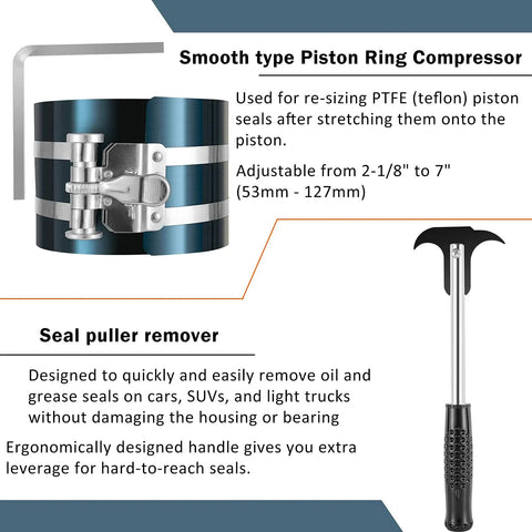 Seventeen Piece Hydraulic Cylinder Repair Tool Set for quick fixes featuring piston ring compressor and seal puller remover.