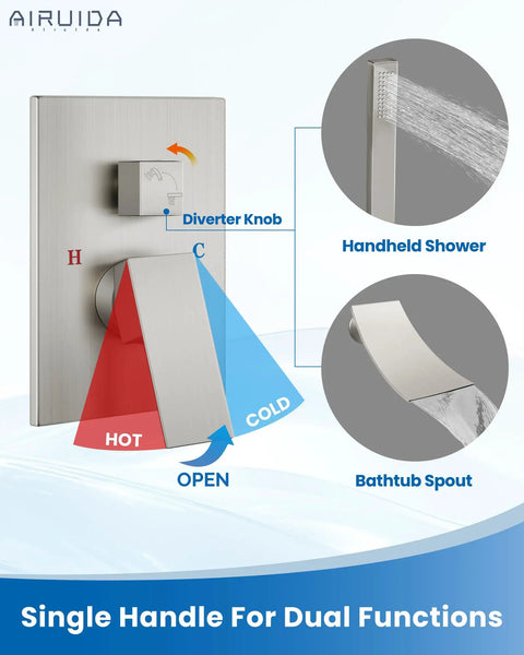 Diagram of Wall Mount Tub Faucet with Waterfall Spout and Handheld Shower, Single Handle for dual functions, brushed nickel finish