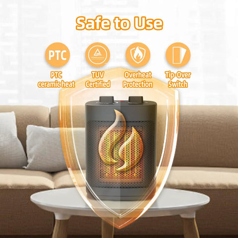 Compact 1500W Ceramic Space Heater With Thermostat Dual Heat Settings 1000W And 1500W on table with safety features displayed