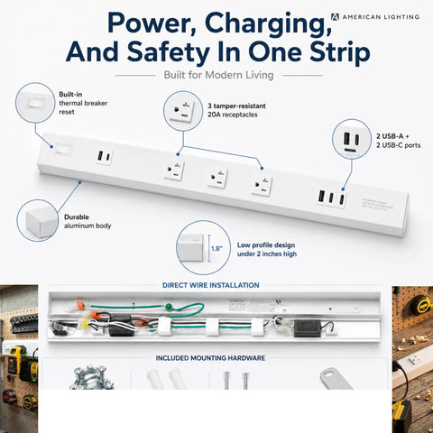 Low Profile Under Cabinet Power Strip With Three Tamper Resistant Outlets And Dual Usb A Usb C Ports Hardwired Extension Cord White Six Pack showing durable aluminum design and mounting hardware.