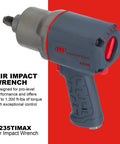 Heavy Duty Half Inch Drive Air Impact Wrench With Up To 1350 Foot-Pounds Of Nut Busting Torque For Tough Assembly Suspension And Industrial Repair Jobs Lightweight Easy To Control And Built For Pro Use. Grey and red casing visible