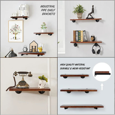 12 Inch Industrial Pipe Shelf Brackets Set Of 8 In Black Iron Rustic Finish For Wall Mounted DIY Shelving with decor objects