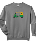 Auto Rickshaw Graphic Sweatshirt Soft Washed Garment Dyed Cotton Pullover Relaxed Side Seam Fit Adult Black on gray background.