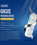 OASIS VersaFilter III cartridge and features display with blue background highlighting capacity, service life, and flow rate.