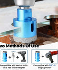Blue ACFAN diamond hole saw bit with diamond coating mounted on a drill for cutting tile and glass.